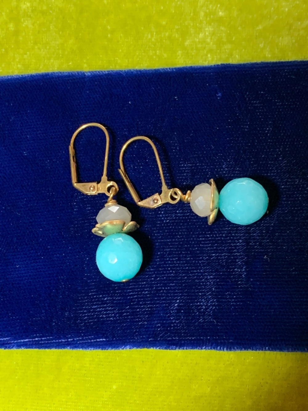 Vintage Gold Leverback Earrings with Turquoise Colored Beads